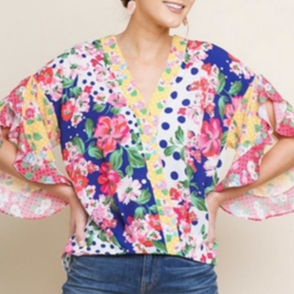 Umgee polka-dot multi-print XL blouse